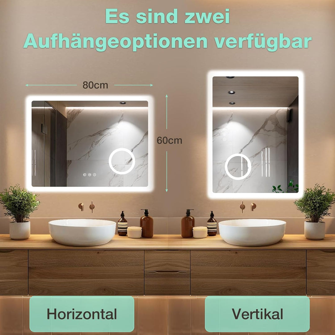 Badezimmerspiegel 80 x 60 cm mit Beleuchtung, 3 Lichtfarben, Dimmbar, Antibeschlag, 3-Fach Vergrösse