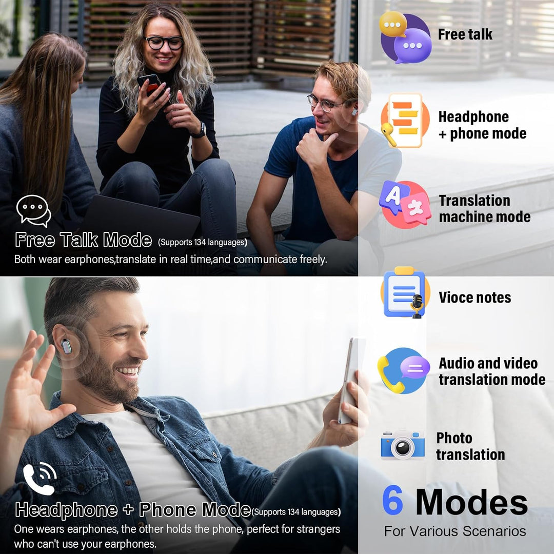 AI Kopfhörer Übersetzer, 3-in-1Echtzeit Sprachübersetzer Kopfhörer 164 Sprachen mit App, 6 Übersetzu