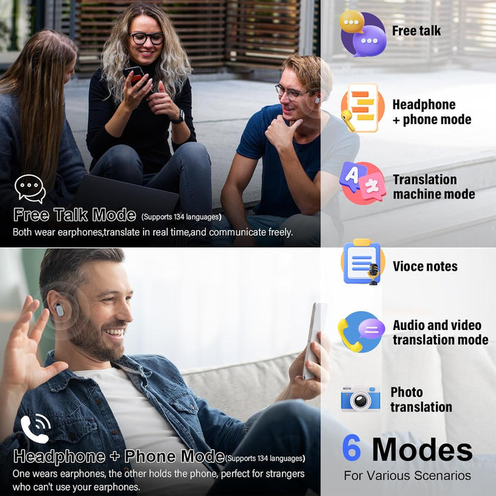 AI Kopfhörer Übersetzer, 3-in-1Echtzeit Sprachübersetzer Kopfhörer 164 Sprachen mit App, 6 Übersetzu