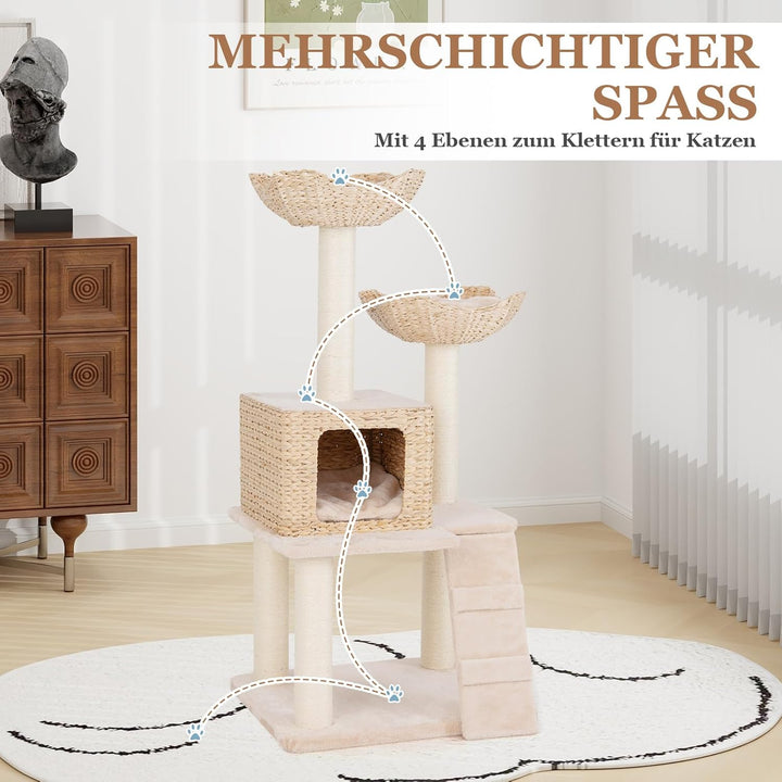 COSTWAY Kratzbaum mit Katzenhöhle, 122 cm, Katzenbaum mit 2 Sitzstangen und Kissen & Höhle aus Rohrk