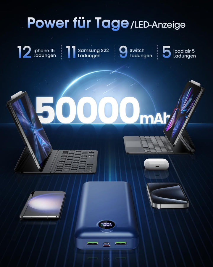 PowerBank 50000mAh grosse kapazität, 22,5W schnelles Aufladen externer Akku USB-C 3 Ausgänge und 2 E