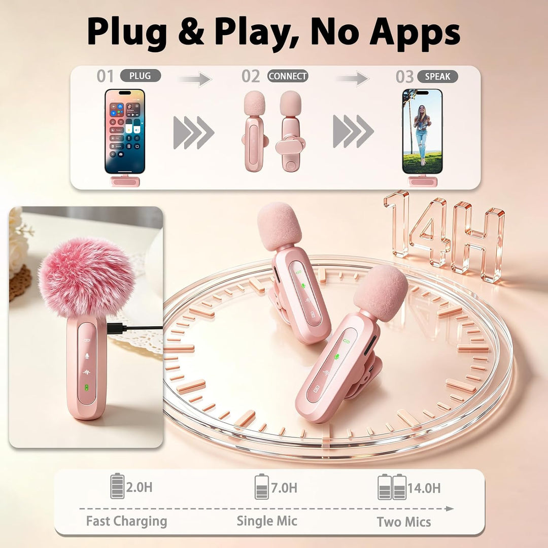 Rosa USB-C Mikrofon kabellos für iPhone 15/16/17, iPad, Android – Ansteckmikrofon mit Rauschunterdrü