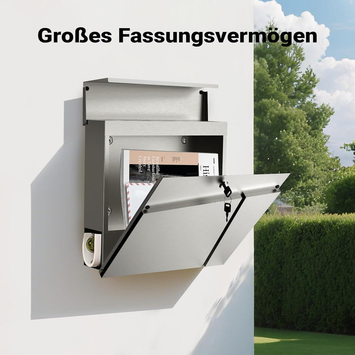 Wiltec Designer Briefkasten V23 Edelstahl 370 x 102 x 370 mm, Wandbriefkasten mit Schloss und Zeitun