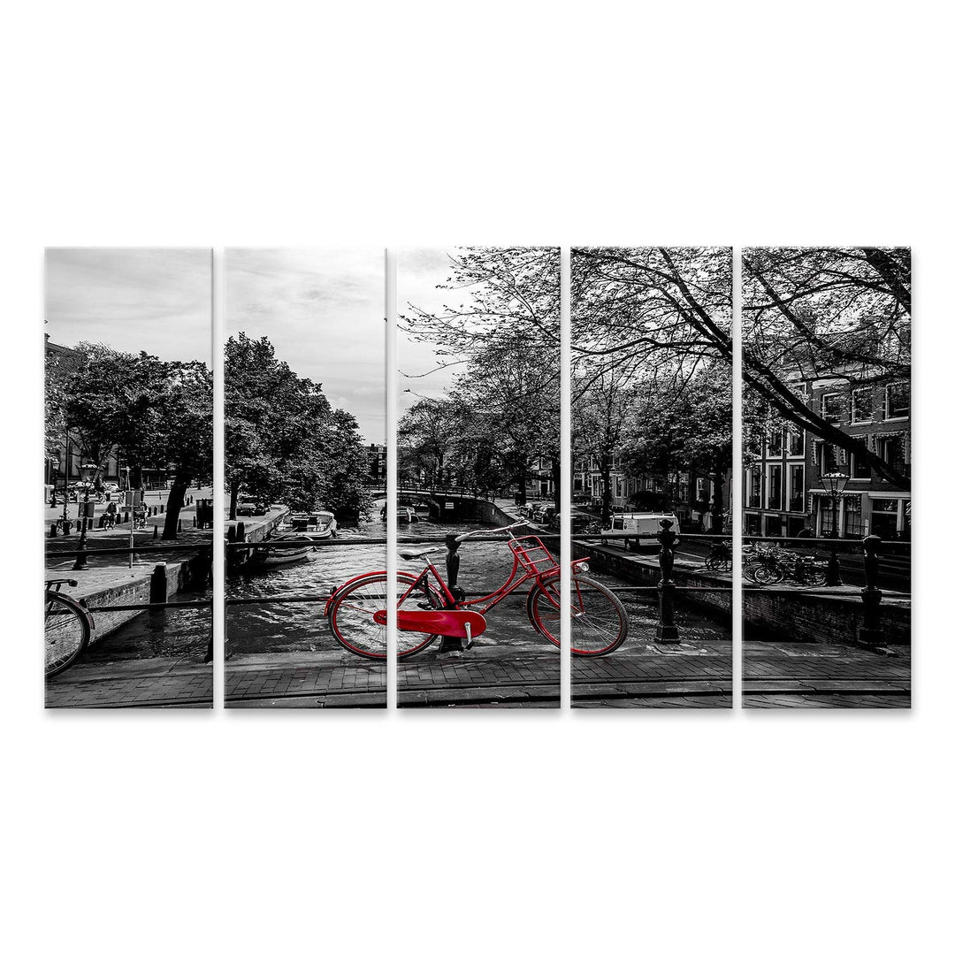 islandburner Bild auf Leinwand Rotes Fahrrad Brücke Schwarz Weiss Bilder Wandbilder Poster, 160L x 8