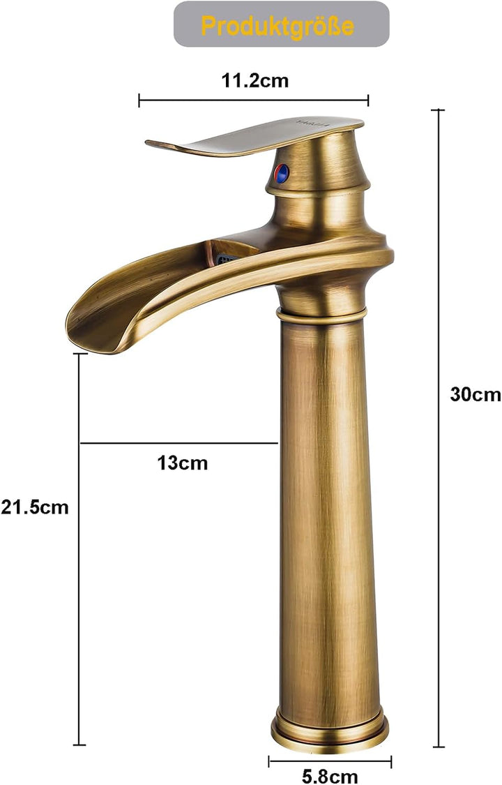 YAGJIA Wasserhahn Bad Hoch Antik, Waschtischarmatur Wasserfall Retro, Waschbecken Armaturen Messing,