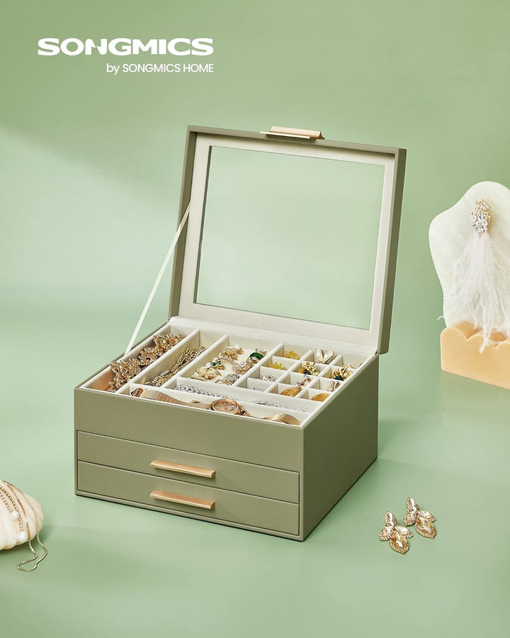 SONGMICS Schmuckkästchen, Schmuckkasten 3 Ebenen, Schmuckbox mit Glasdeckel, 2 Schubladen, Schmuckau