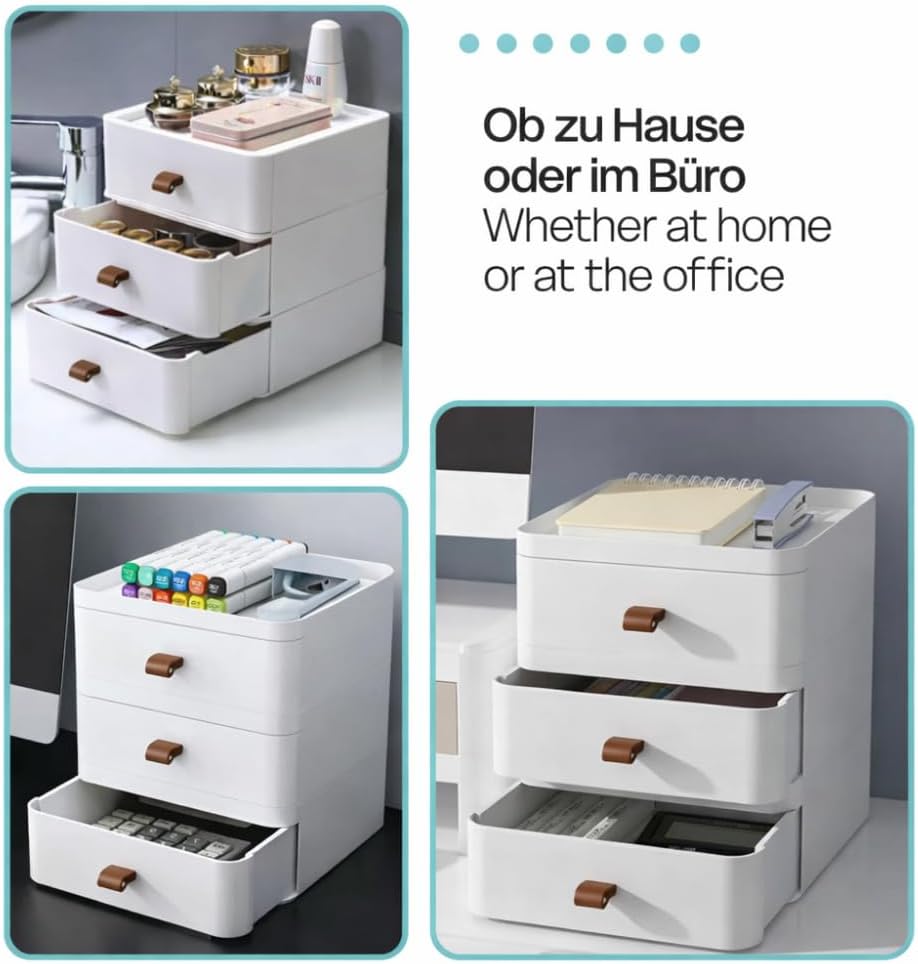 Sugodesign 3-Schubladen Schreibtisch-Organizer, Weiss mit Braunen Griffen, 20x20x22 cm, Aufbewahrung