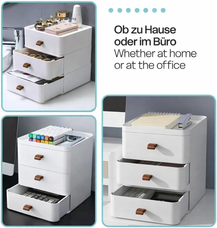 Sugodesign 3-Schubladen Schreibtisch-Organizer, Weiss mit Braunen Griffen, 20x20x22 cm, Aufbewahrung