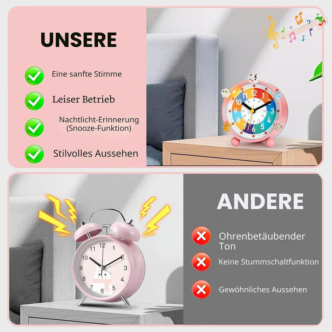 Kinder Wecker, Kinderwecker für Schulanfänge, Kein Tickendes Geräusch, Mit Nachtlicht und Schlummerf