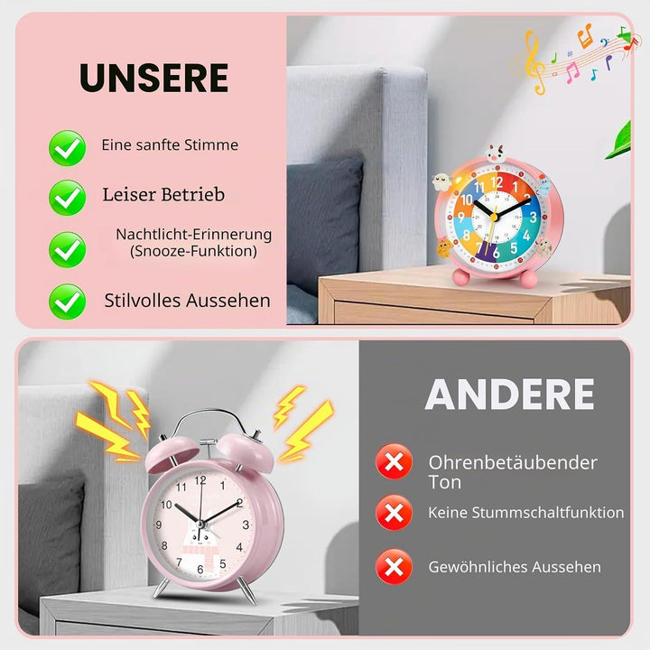 Kinder Wecker, Kinderwecker für Schulanfänge, Kein Tickendes Geräusch, Mit Nachtlicht und Schlummerf