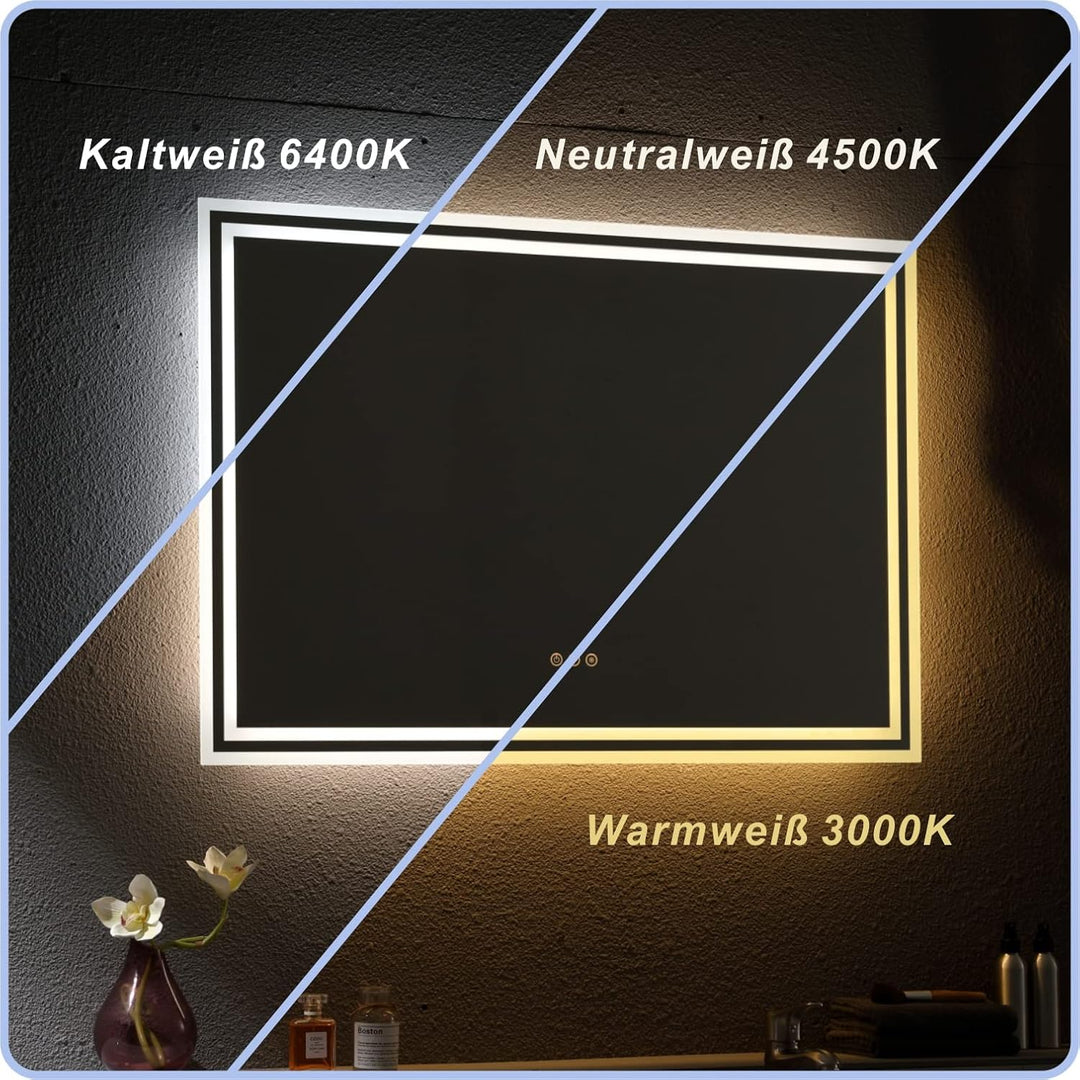 AQUABATOS Brussels-Serie Badspiegel Badezimmerspiegel mit Beleuchtung 80x60 cm Uhr Bluetooth Lautspr