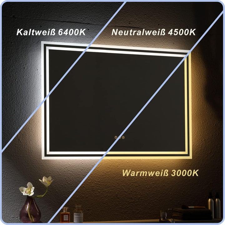 AQUABATOS Brussels-Serie Badspiegel Badezimmerspiegel mit Beleuchtung 80x60 cm Uhr Bluetooth Lautspr