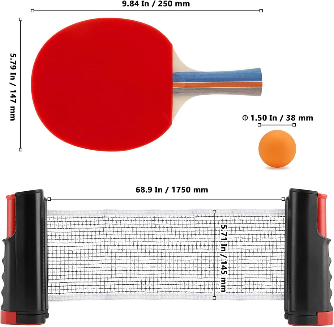 Tischtennis Set mit Netz, 4 Tischtennisschläger, 1 Einziehbarem Tischtennisnetz, 6 Tischtennis Bälle