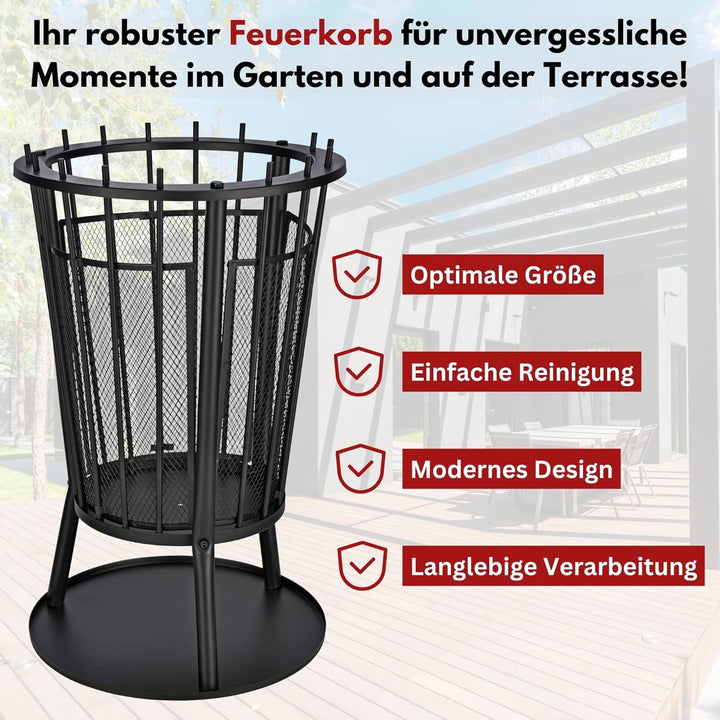 Robuster Feuerkorb Feuerstelle Eisen 61x40 cm Feuerschale mit Funkenschutz und Bodenplatte & HLKauf-