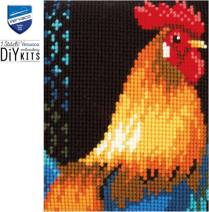 Vervaco Kreuzstichkissen Huhn Kreuzstickpackung vorgedruckt, Stramin, weiss, 40 x 40 x 0,3 cm