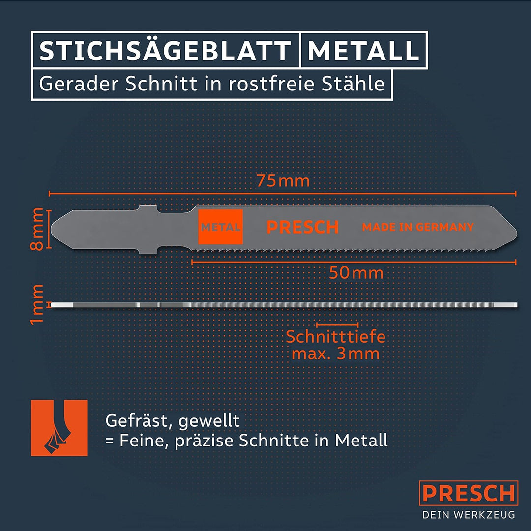 Presch Stichsägeblätter Metall Profi 10 Stk. (Edelstahl, Metall) - Für rostfreie Stähle (1-3mm) - Pr