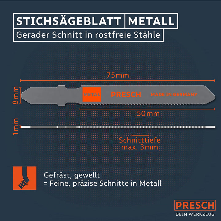 Presch Stichsägeblätter Metall Profi 10 Stk. (Edelstahl, Metall) - Für rostfreie Stähle (1-3mm) - Pr