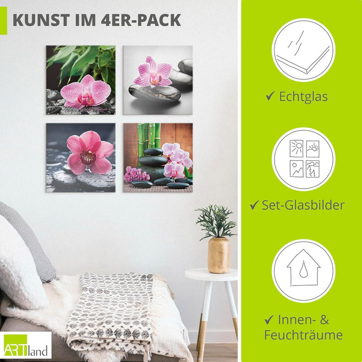 ARTland Glasbilder Wandbild Glas Bild Set 4 teilig je 40x40 cm Quadratisch Asien Wellness Zen Pflanz