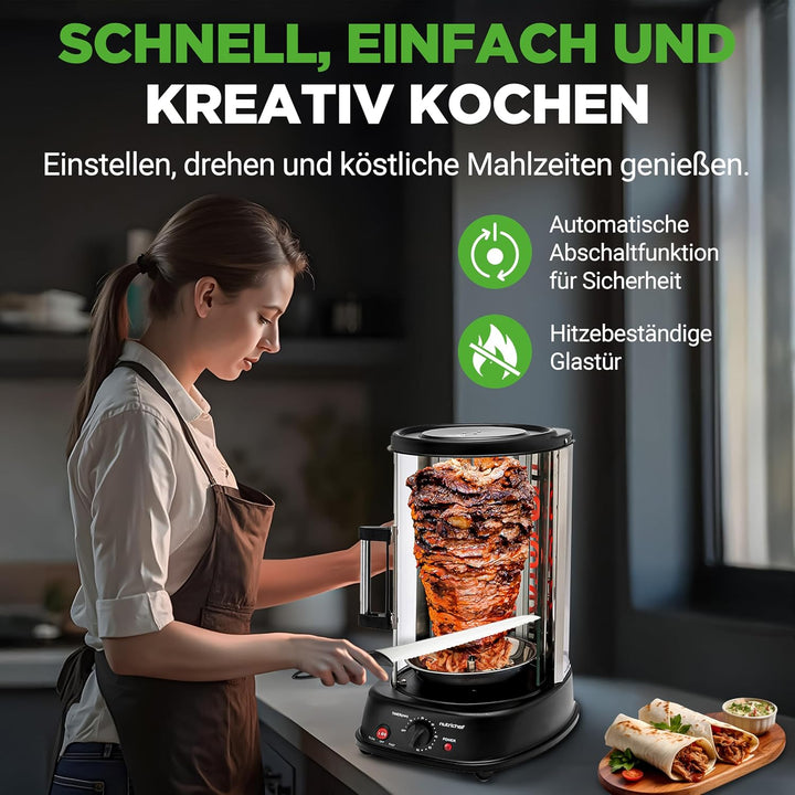 NutriChef Heissluft-Multiofen mit Drehspiess – 21L Mini-Backofen mit Umluft und Grillfunktion Dönerg