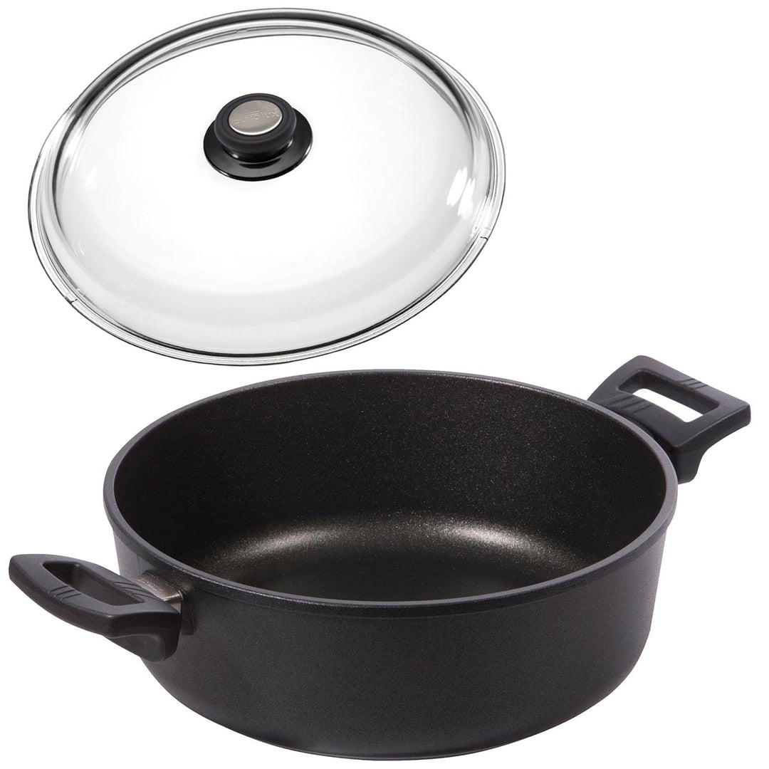 Eurolux Guss-Kasserolle Ø 24 cm Induktion Set mit Deckel aus Glas - flache runde Universal Bratenkas