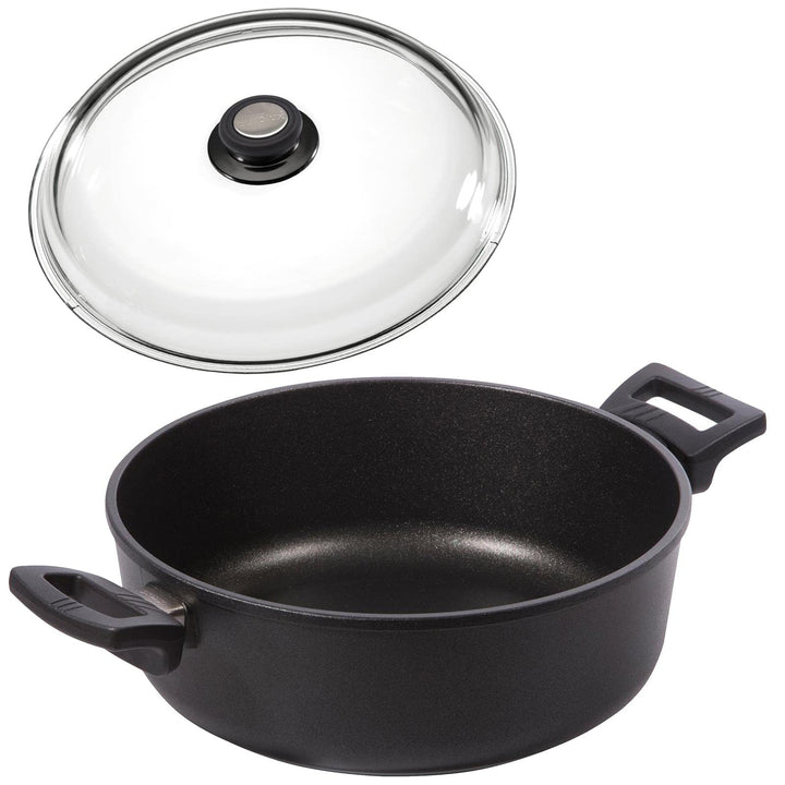 Eurolux Guss-Kasserolle Ø 24 cm Induktion Set mit Deckel aus Glas - flache runde Universal Bratenkas