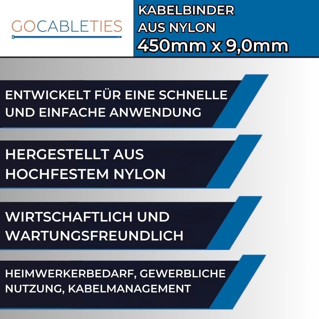 Gocableties Kabelbinder 100 Stück Grün, 450 mm x 9,0 mm mit 79,4 kg Zugfestigkeit, extra starkes, UV
