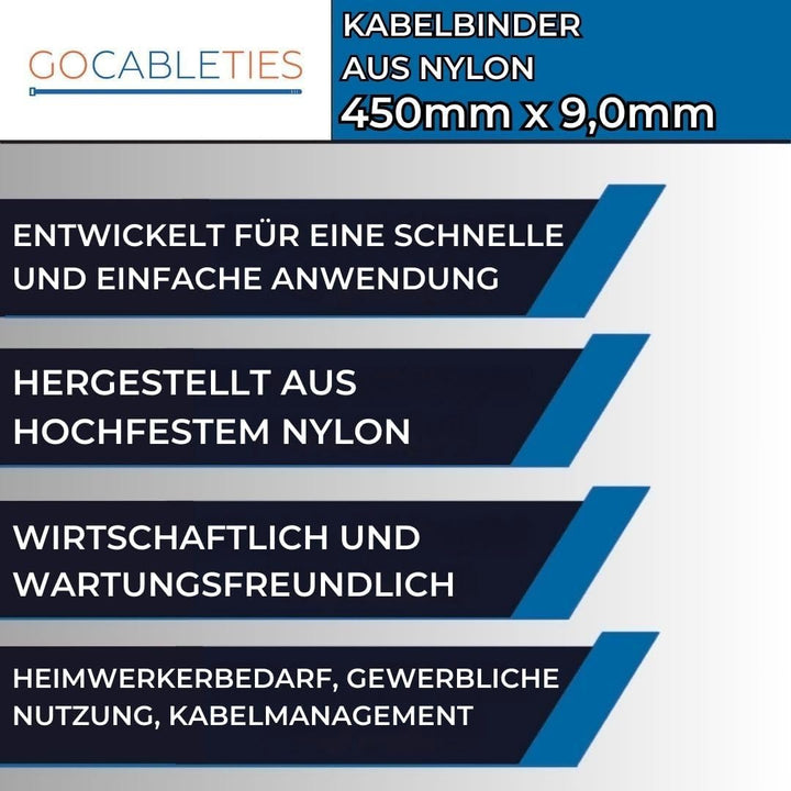Gocableties Kabelbinder 100 Stück Grün, 450 mm x 9,0 mm mit 79,4 kg Zugfestigkeit, extra starkes, UV
