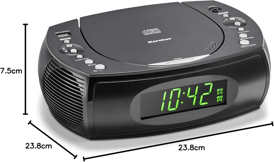 Karcher UR 1308 Radiowecker mit CD Player und UKW Radio (20 Senderspeicher) – Wecker mit Dual-Alarm,
