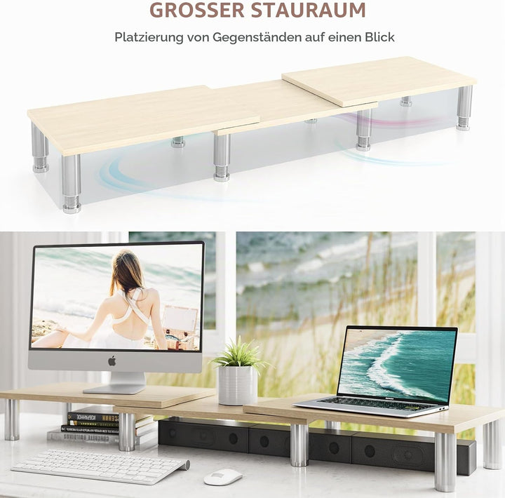 AX Waber Dual Monitor Riser - Einstellbare Länge & Winkel, Holzständer für 2 Monitore mit Stauraum W