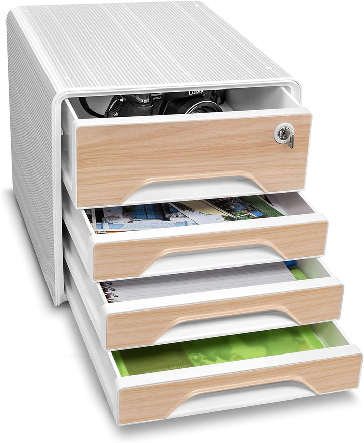 CEP Schubladenbox Secure mit 4 Schubladen und Zylinderschloss Smoove Silva Weiβ Holz Weiss / Buche,