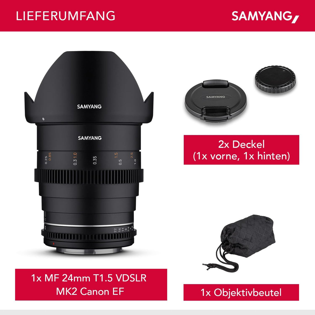 Samyang MF 24mm T1,5 VDSLR MK2 für Canon EF – lichtstarkes T1,5 Weitwinkel Cine-und Videoobjektiv fü