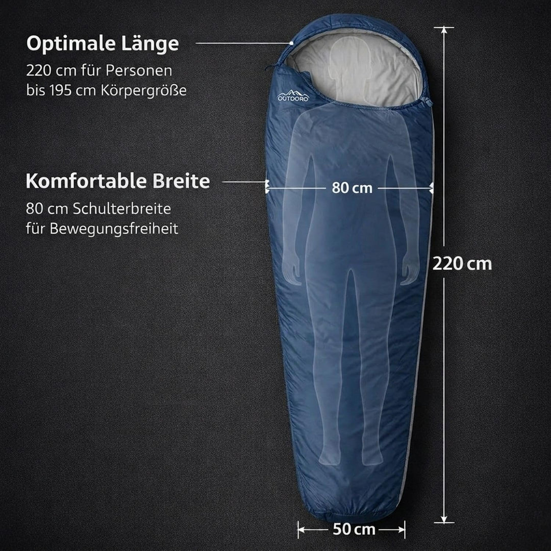 Outdoro ultraleichter Schlafsack 800g - kleines Packmass - leicht, dünn und warm - Idealer Sommersch