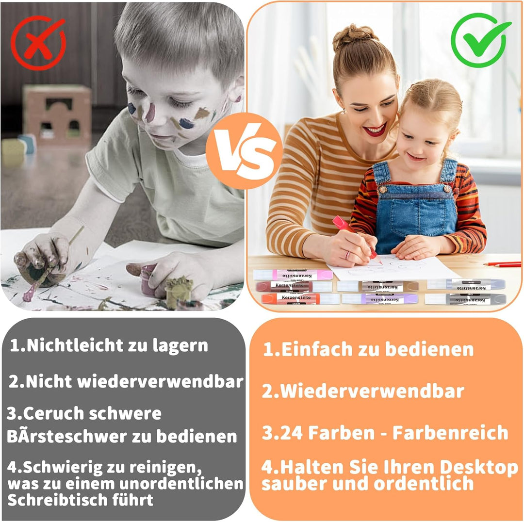 24 Stück Wachsstifte für Kerzen, Kerzenstifte, KerzenBemalen Set Leuchtende Kerzenfarben Taufkerze S
