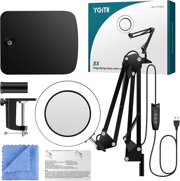 YGiTK 2-in-1 Vergrösserung Schrebtischlampe, 8X Lupe zum Lesen mit grossem Sockel/Klemme, LED Lupenl