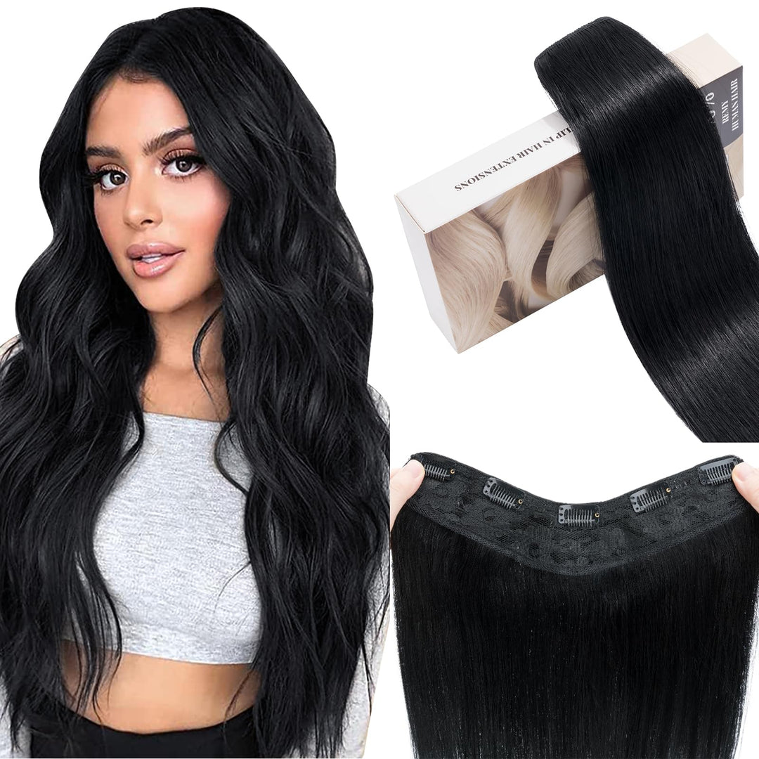 UK-Fashion-Shop Extensions Echthaar Clip #1 Lackschwarz 30cm Unsichtbare Clip in Extensions Echtahha