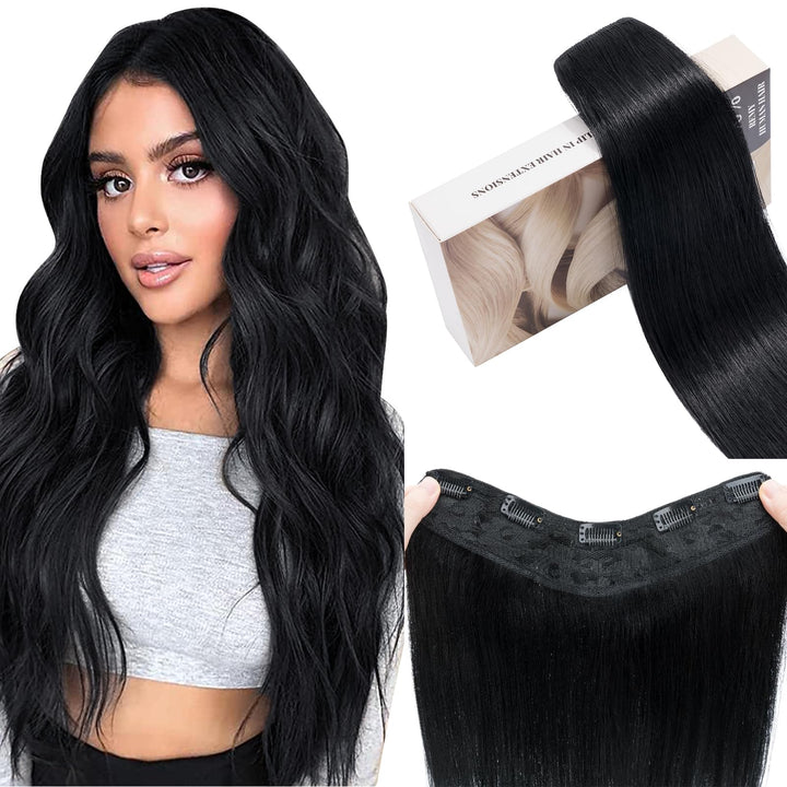 UK-Fashion-Shop Extensions Echthaar Clip #1 Lackschwarz 30cm Unsichtbare Clip in Extensions Echtahha
