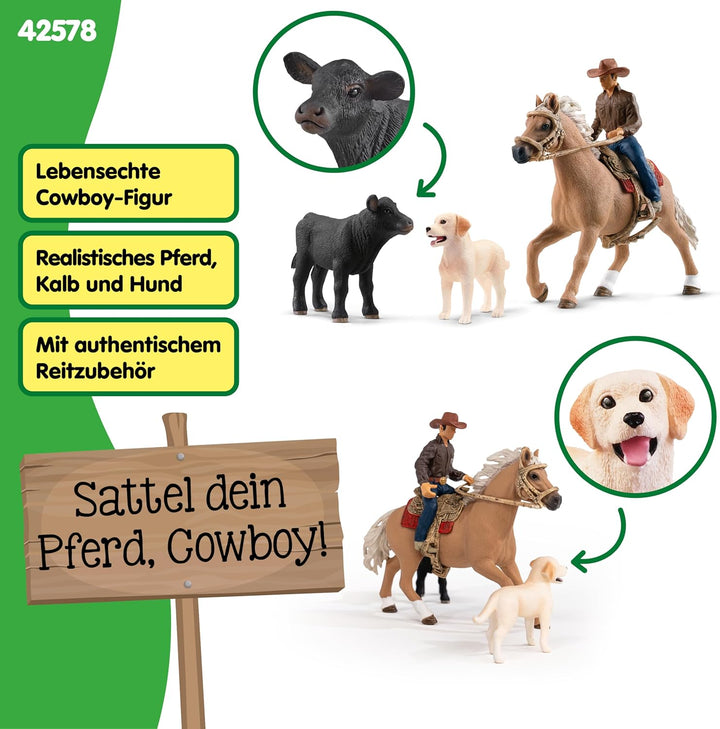 SCHLEICH Farm World | Westernreiten 42578 | Bauernhof Set mit Cowboy, Pferd, Kuh und Hund sowie Zaum
