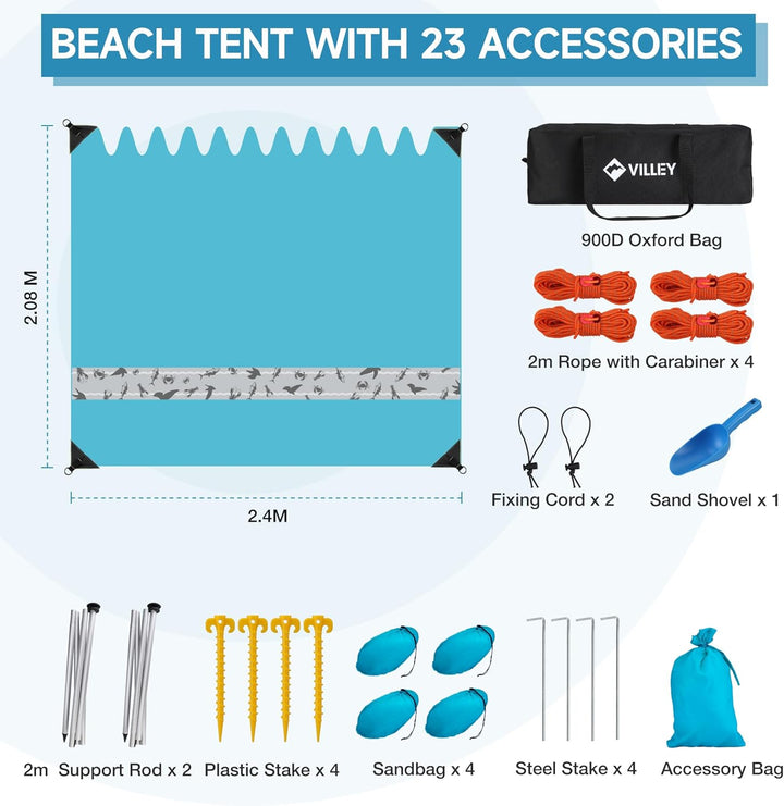 VILLEY Sonnenzelt 2m x 2,4m Blau, UPF50+ UV Schutz Lycra Strandzelt für 3 Personen, Sonnenschirm Str