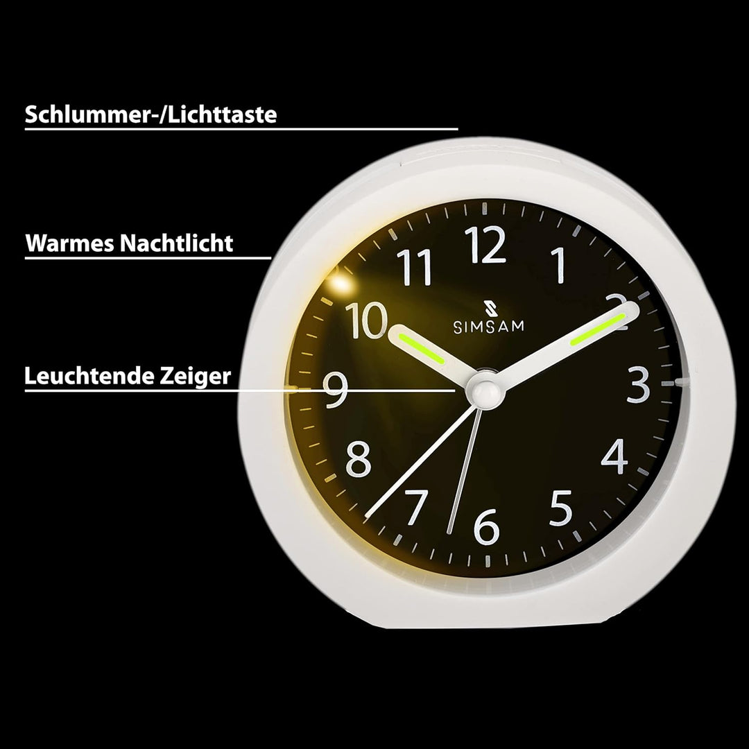 SIMSAM Wecker Analog ohne Ticken mit Batterie, Licht (Weiss-Schwarz), Weiss-schwarz