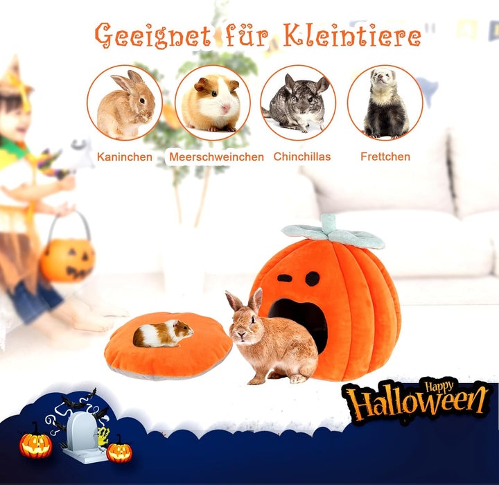 SBAYOOL Halloween Kürbis Kaninchen Bett, Gemütliches Waschbar Kaninchen Kuschelhöhle, Warmes Plüsch