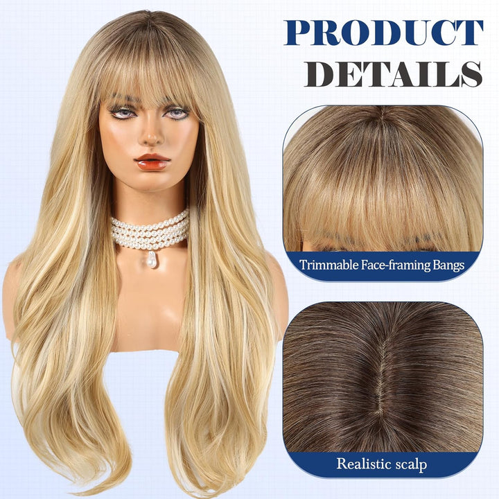 HAIRCUBE Lange blonde Perücke mit Pony, geschichtete lockige Perücken für Frauen, natürliche synthet