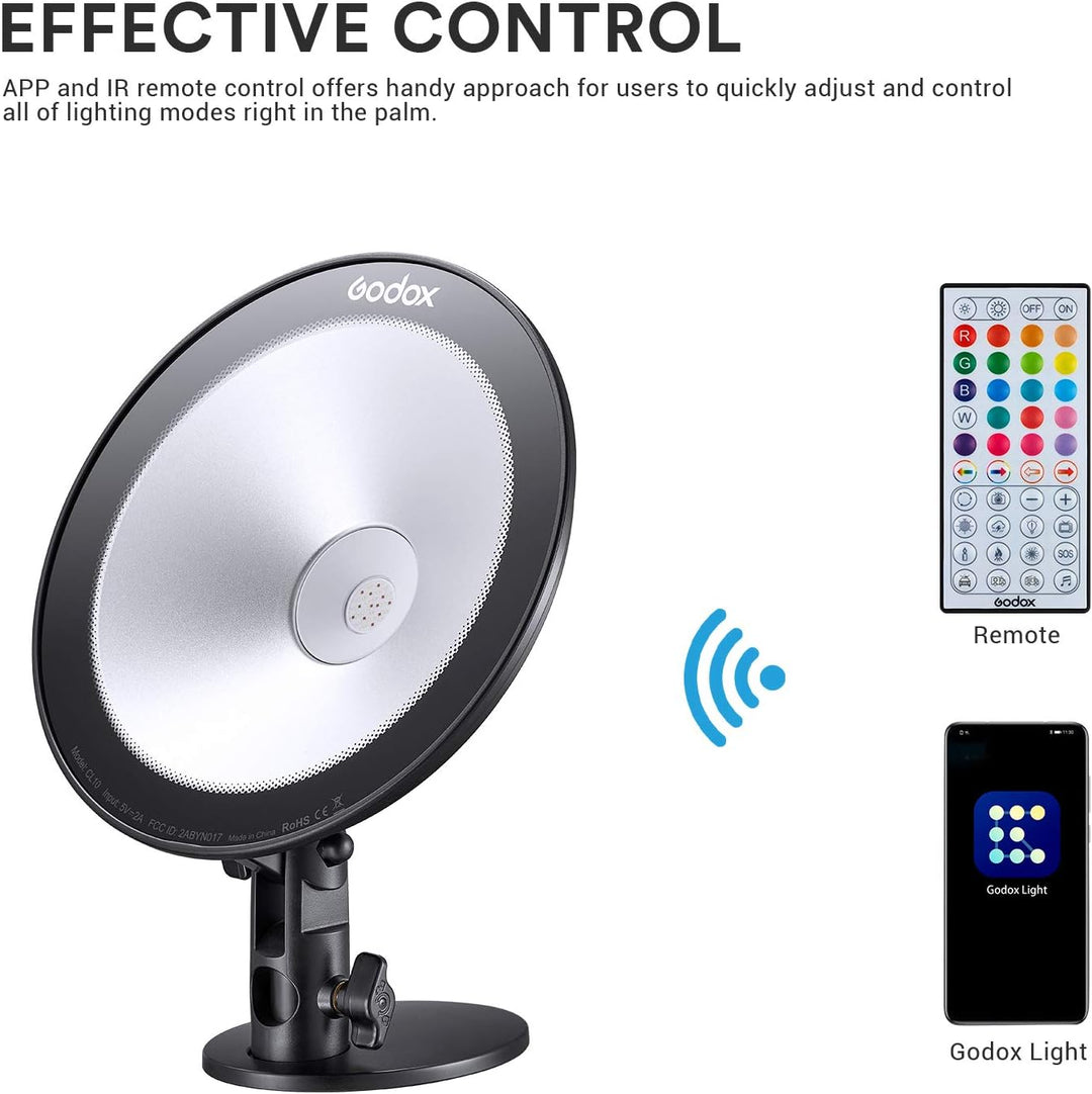 Godox CL10 RGB LED Webcasting Umgebungslicht 10W, Farbton 0-360° und 36000 Farben, 39 Fx-Effekte No