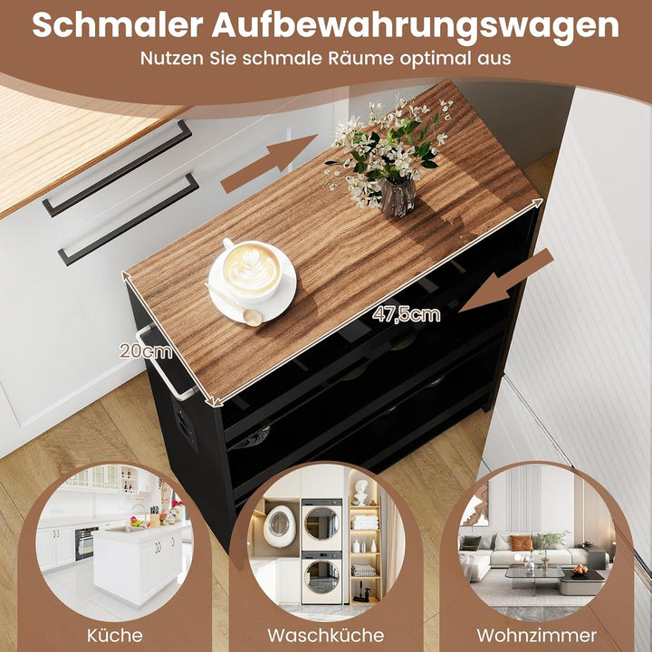 COSTWAY Nischenwagen 20cm breit, 4 Etagen Küchenwagen schmal mit Ladestation, Nischenregal auf Rolle