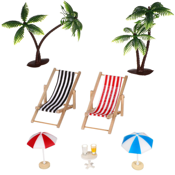 9 Stück Miniatur-Stranddeko Set: Palmen, Sonnenschirme, Liegestühle, Getränke Und Runder Tisch Für D