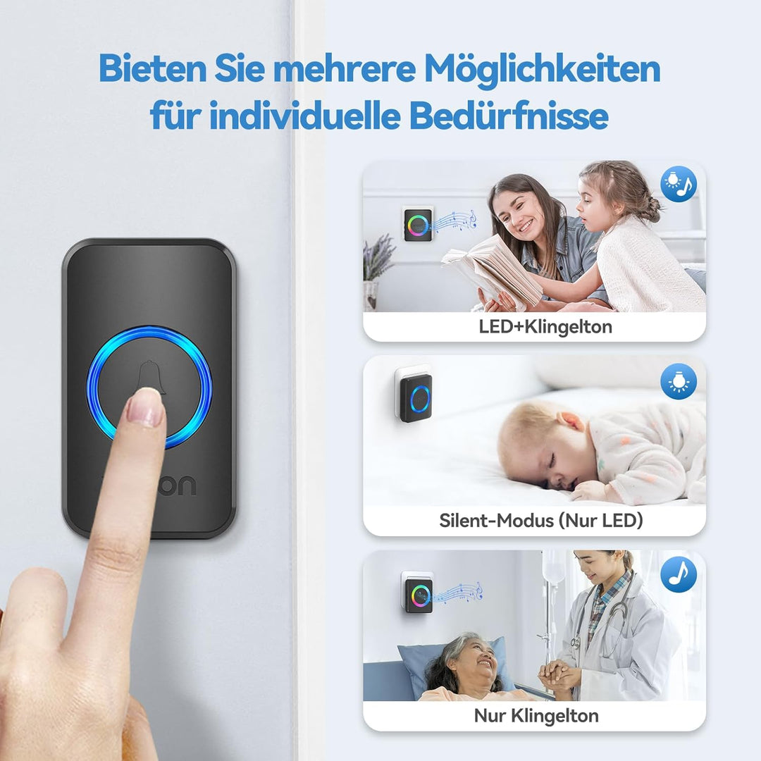 VOXON Funkklingel, 400m Reichweite Kabellose Türklingel Funk Set mit 2 Plug-In-Empfängern und 1 Send