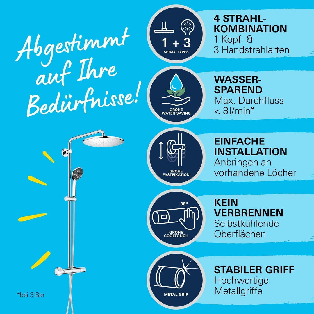 GROHE Vitalio Joy 310 - Duschsystem mit Thermostatbatterie (wassersparend, Wandmontage, 3 Strahlarte