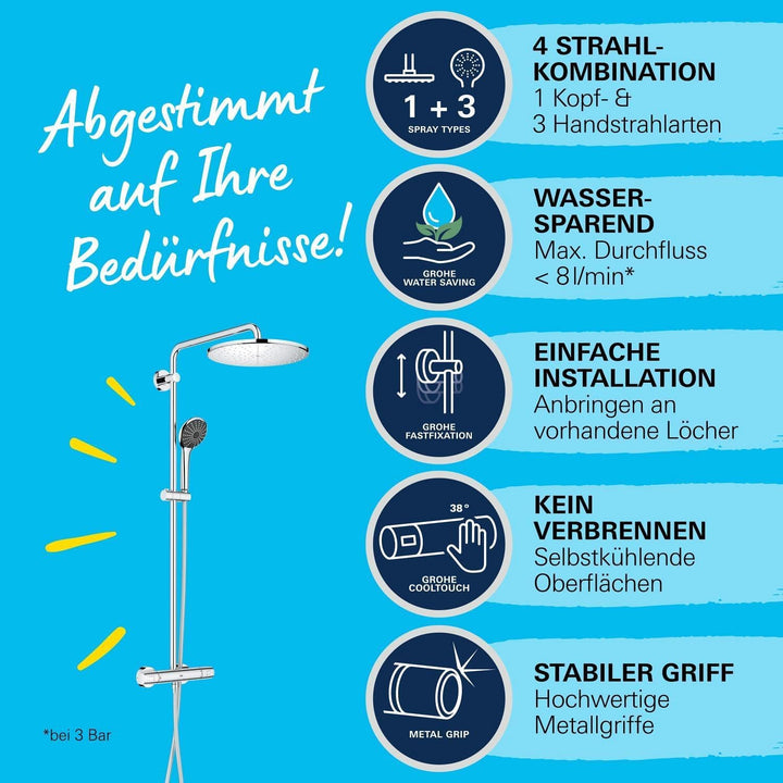 GROHE Vitalio Joy 310 - Duschsystem mit Thermostatbatterie (wassersparend, Wandmontage, 3 Strahlarte