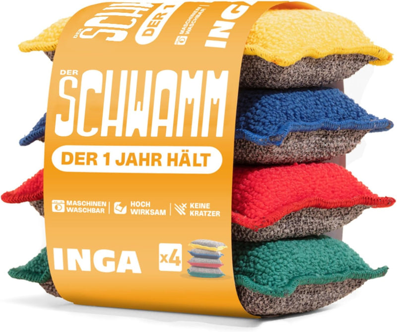 INGA - 4 x Wiederverwendbare, waschbare Schwämme - Hochwirksam, kratzfrei - Doppelseitig - Wechselt