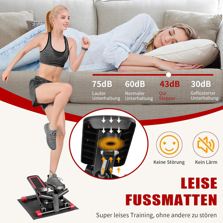 LEADZM Mini Stepper Mit Silent-Pad für Zuhause, 2 in 1 Fitness Stepper mit Gummiband, LCD Display, T