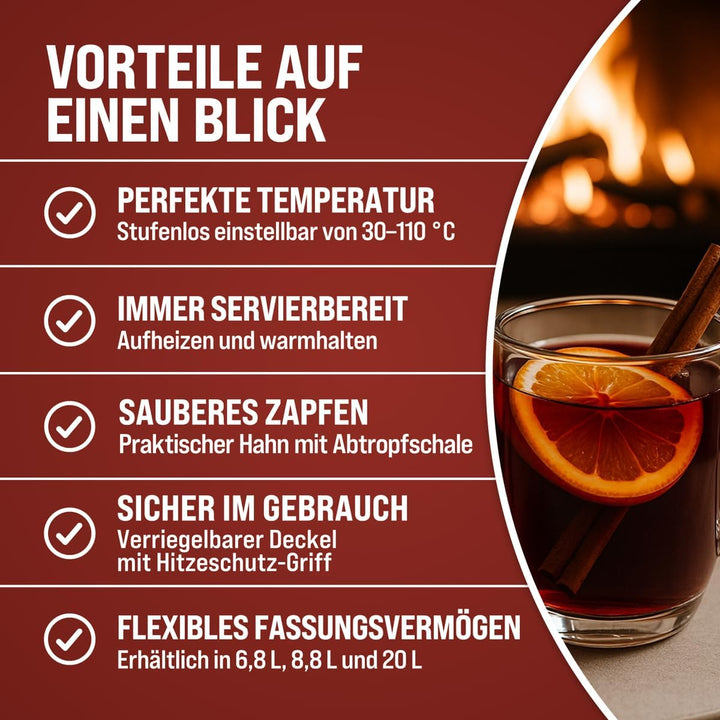 Monzana Glühweinkocher 20L Edelstahl 90 Tassen Zapfhahn Temperatureinstellung 30-110°C Heissgetränke